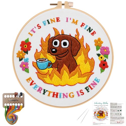 Image of Nuberlic Cute Dog Embroidery Kits for Beginner Adults Cross Stitch Kit with Funny Animal Pattern Include Cloth Hoops Threads Needles
