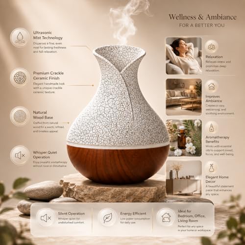 Image of Lakshiv Aroma Diffuser Humidifier for Room & Home with LED Light | Ultrasonic Cool Mist Air Humidifier for Bedroom | Essential Oil Diffuser | Wood Grain Finish | 30ml | Touch Operation (Brown Crystal)