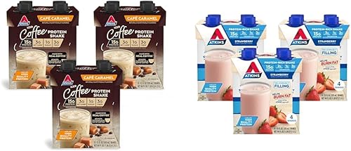 Atkins Café Caramel - Batido de proteína de café helado y proteína de fresa, 0.55 onzas de proteína, bajo índice glucémico, 0.07 oz de carbohidratos