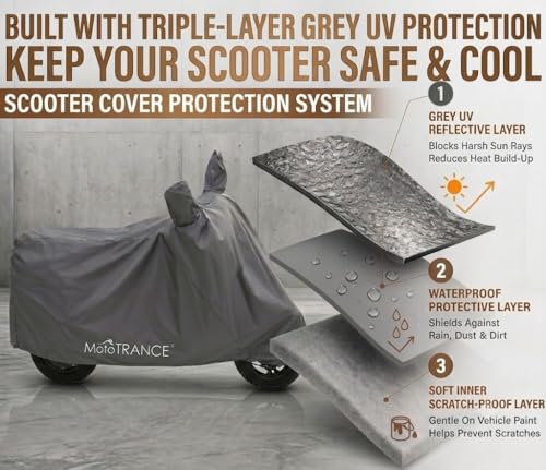 Image of Mototrance Waterproof Two Wheeler Cover for All Activa,Scooter, Scooty & Bikes Upto 150CC | Anti Dust, 100% Waterproof, Heat Resistant, UV Proof |Mirror Pocket Bike Body Cover |Aero Grey