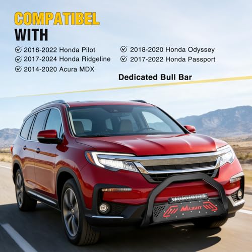 Image of Nilight Bull Bar with Light fits 2016-2022 Honda Pilot, 2017-2024 Ridgeline, 2018-2020 Odyssey, 2017-2022 Passport, 2014-2020 Acura MDX Front Bumper Grille Brush Guard w /Skid Plate Licence Plate Hole