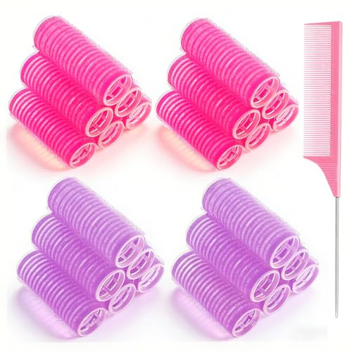24 Pcs Self-Grip Small Hair Rollers Set Curlers for Women Short Hair and Bangs No Heat Hair Curlers to sleep in Birthday Gifts Mothers (25 mm Rose Red and Purple)
