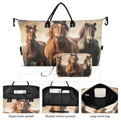 Weekender Bags for Women,Foldable Horse Travel Duffel Bag with Trolley Sleeve Travel Tote Gym Bag with Toiletry Bag2