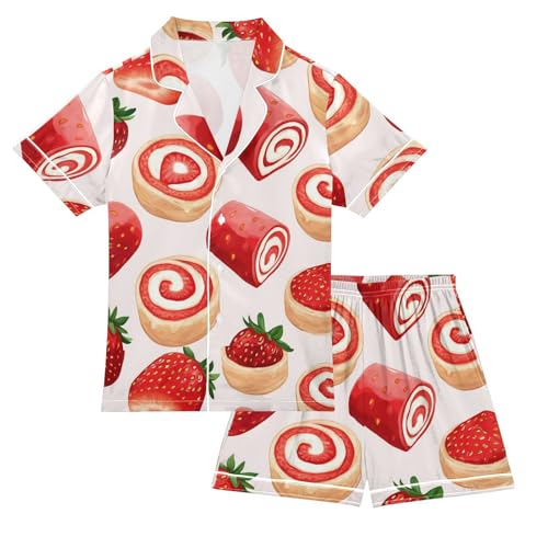 Satin Pajama Sets Short Sleeve Strawberry Sweet Roll Pattern Button Down Silky Nightwear 2 Piece PJS 5-14Y