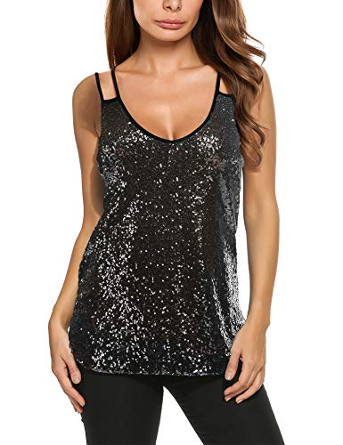 Zeagoo Women's Sleeveless Sequin Top Sparkle Shimmer Camisole Vest Tank Tops Black Large