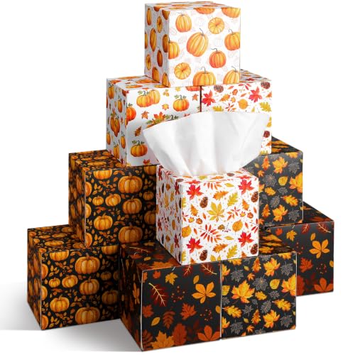 Image of Fourluoo 12 Pack Thanksgiving Pumpkin Facial Tissues Cube Face Boxes 600 Sheets 3 Ply Small Fall Square Tissues Bulk for Thanksgiving Day Autumn Harvest Car Bedroom Party Supplies