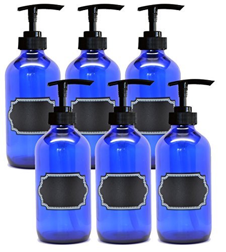 6 Pack Firefly Craft Cobalt Blue PLASTIC Pump Bottles with Chalkboard Labels, 16 ounces each