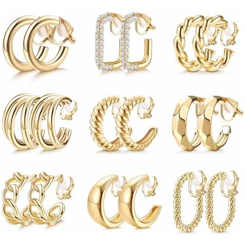 THUNARAZ Gold Clip on Earrings 14K Gold Plated Chunky Hoop Clip Earrings Trendy Clip on Hoop Earrings for Women Non-Pierced Fake Jewelry Cover