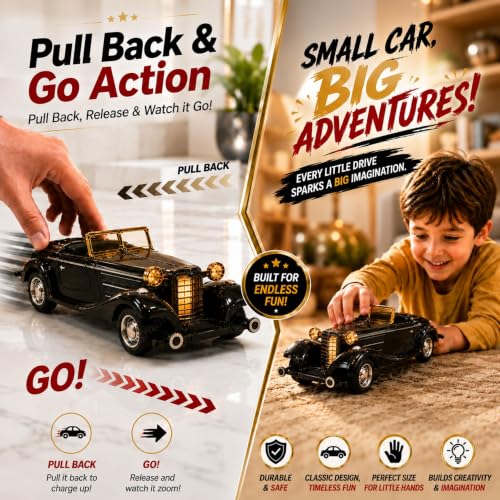 Image of GRAPHENE 1:32 Metal Diecast Vintage Toy Car Pull Back Action Light Sound Openable Doors Decorative Item Antique Retro Classic Model Car for Kids Toddlers Car Collectors Birthday Gift(Black)
