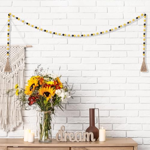 Image of Equsion Wooden Bead Garland with Tassels, Extra Long Fireplace Wood Bead Garlands Rustic Farmhouse Vintage Boho Beads Garland for Party Home Decor Tiered Tray Decorative Beads(Bee Color)