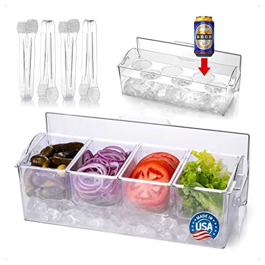 Pikanty Condiment Server Caddy on Ice with Hinged Lid (4 Serving Tongs and Tray for Drinks included) Made in USA (1, Server Caddy)