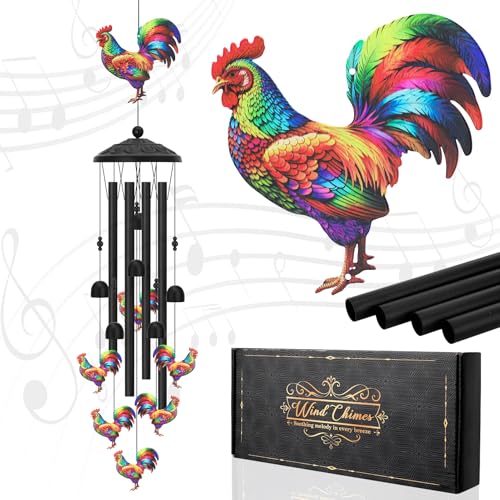 Hoemwarm Colorful Rooster Wind Chimes for Outside Black Rustproof Metal Farmhouse Windchime Garden Yard Patio Porch Decor Rooster Gifts for Women Men Farm Animal Lovers