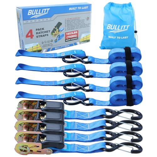 BULLITT 4Pk Ratchet Tie Down Straps Set with 750KG Break Strength,4x 25MM*4.57M Adjustable Ratchet Straps with S Hooks Iron Handles+4x 26.4CM Soft loops for Motorcycles/Cargo/Car Roof/Household-Blue