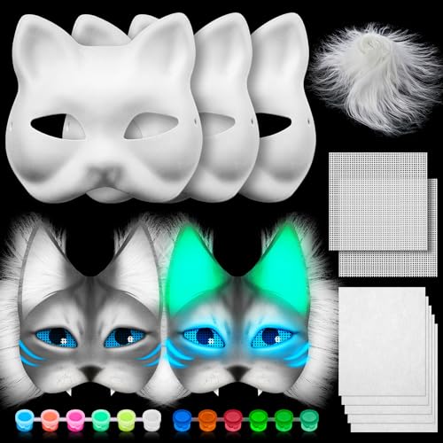 Seenelling 13 Pcs DIY Glow in the Dark Therian Mask Set Cat Fox Mask Halloween Mask Therian Stuff Gear for Masquerade Cosplay (Multicolor)