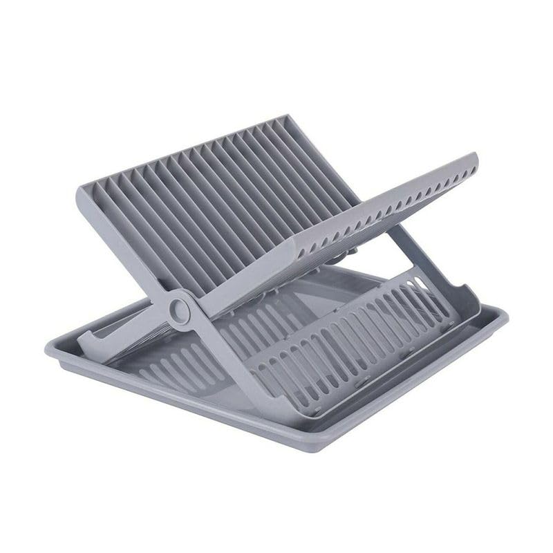 FlashPrix Scolapiatti pieghevole con vassoio, scolapiatti in plastica resistente, per cucina, compatto, grande capacità, 37 x 33 x 21 cm, grigio