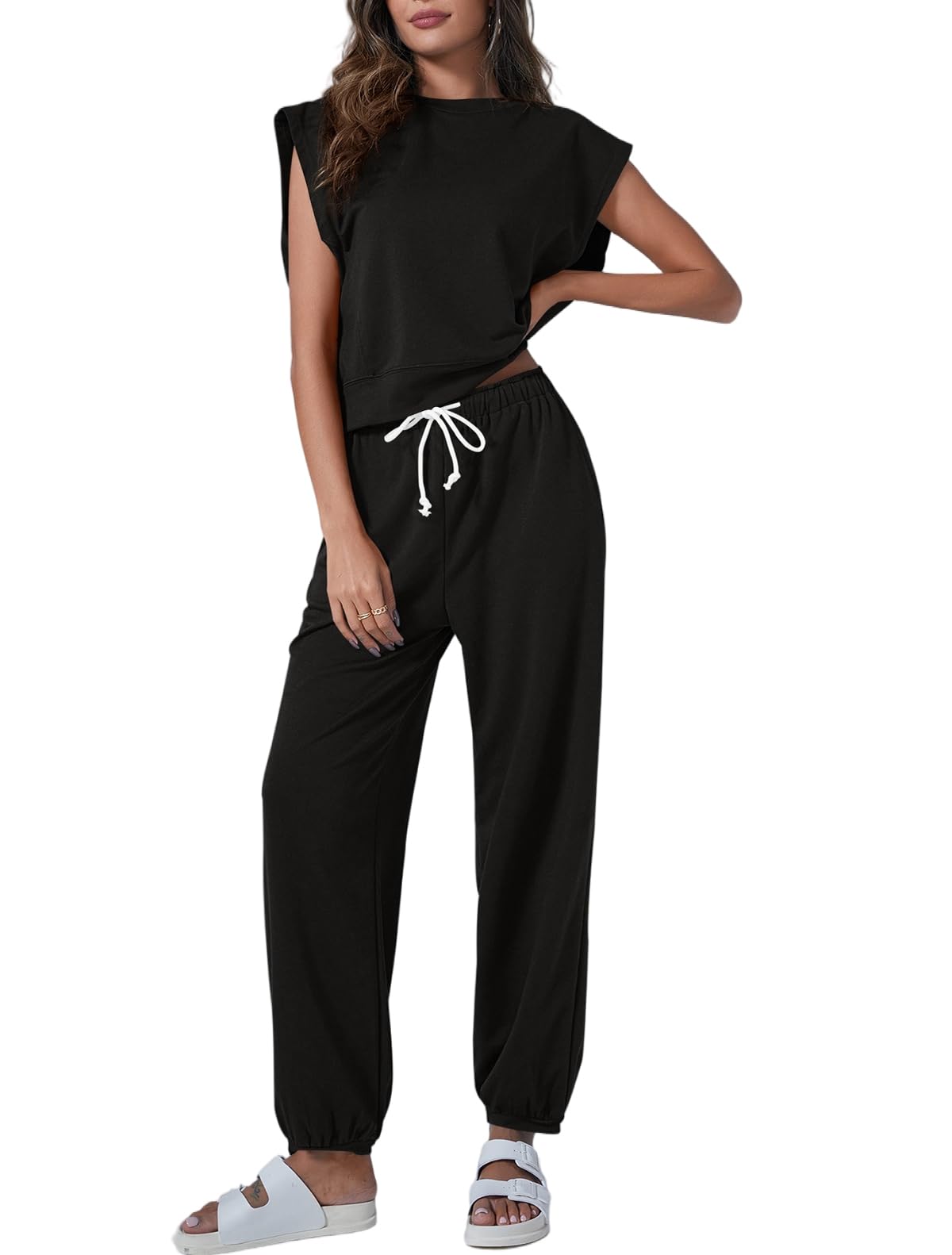 Tankaneo Women's Summer 2 Piece Outfits Casual Lounge Sets Oversized Sleeveless Tops Sweatpants with Pockets Pajama Sets