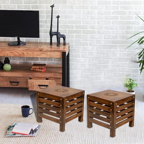 Image of SATTVA Wooden Stool Set of 2 for Living Room & Bedroom | Handmade Solid Mango Wood Stools with Antique Finish | Multipurpose Footstool, Side Table, Plant Stand, Small Sitting Chair & Home - Brown