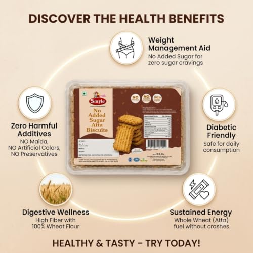 Image of Smyle No Added Sugar Atta Biscuits | 100% Whole Wheat | No Maida | Healthy Snack for Diabetics | Rich in Fiber| Pack of 2 x 250g (500g Total)