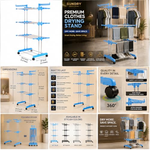 Image of SUNDRY Premium Stainless Steel Cloth Drying Stand | 3 Tier Foldable Laundry Rack | Heavy Base, Rust Proof, Space Saving | Indoor Outdoor Clothes Drying Stand | Sky Blue