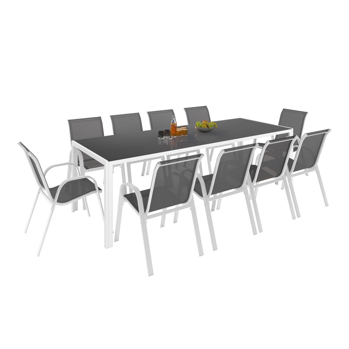 IDMarket - Muebles de Jardín Madrid Mesa 240 CM y 10 Sillas Apilables Blanco y Gris