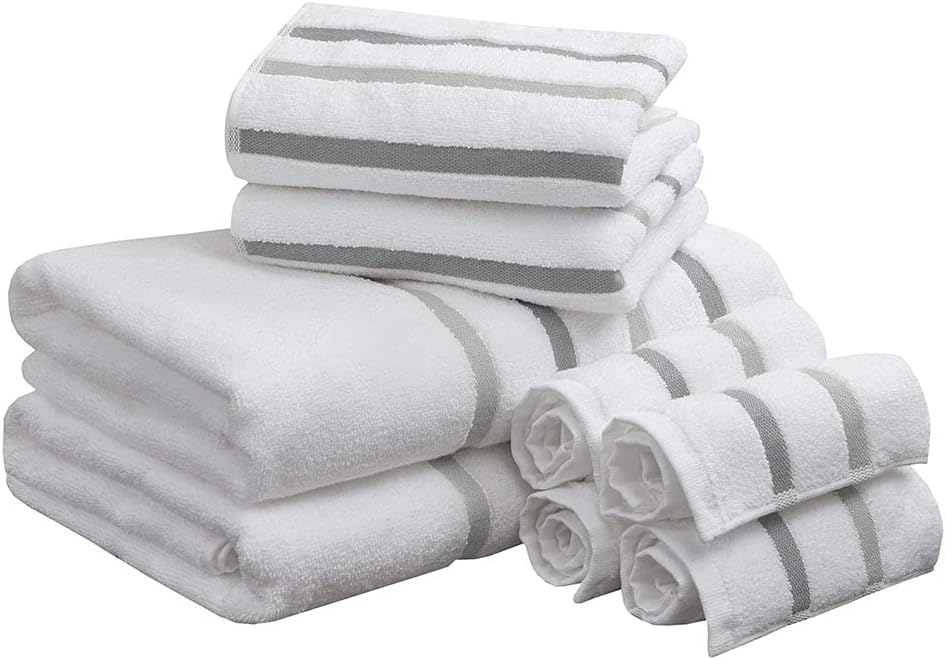 Comfort Spaces Cotton 8 Piece Bath Towel Set Striped Ultra Soft Hotel Quality Quick Dry Absorbent Bathroom Shower Hand Face Washcloths, Multi-Sizes, Zero Twist Grey 8 Piece