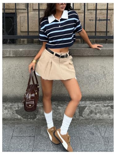 Image of RoseSeek Women's Preppy Striped Button Down Crop Tops Collar Neck T Shirt
