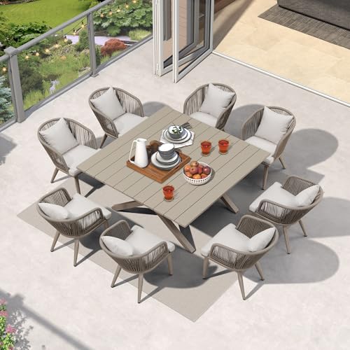 Image of PURPLE LEAF 9 Pieces Outdoor Metal Furniture Set Patio Conversation Sets Dining Set, 1 Square Dining Table and 8 Modern Chairs with Cushions Seat Champagne