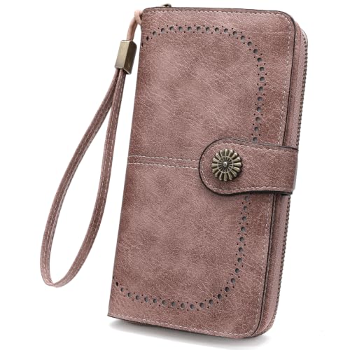 Image of Wristlet Wallets for Women Leather Credit Card Holder Bifold | RFID Blocking, Large Capacity, Ladies Phone Clutch Purse with Zippered Coin Pocket