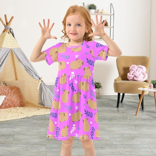 Purple Cute Capybara Toddler Dress Girls Summer Short Sleeve T-Shirt Dress Casual Outfit4