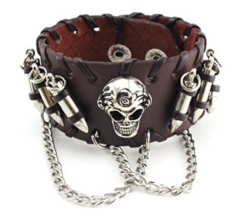 LAFATINA Homme Gothique Crâne Bullet Chaînes Punk Large Bracelet en Cuir À La Main Bracelet Bracelet Bracelet Réglable pour Halloween Costume Party Cover