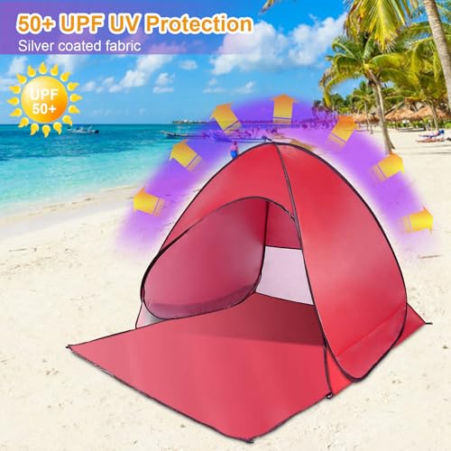 KOCASO Pop Up Beach Tent for 2-3 Person, UPF50+ Anti-UV Sun Shelter w/Storage Bag, Portable Waterproof Instant Sun Shade Canopy for Outdoor Beach Camping Hiking Travel Family, Red