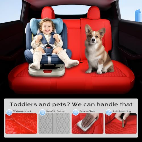 Image of Coverado Car Seat Covers for Tesla Model Y, Car Seat Covers Full Set 5 Seater, Leatherette Car Seat Covers Front Seats and Back Custom for Tesla Model Y 2020-2026 Red