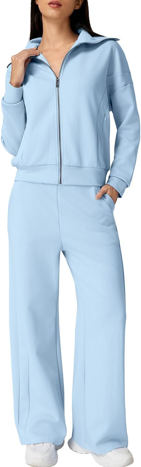 QINSEN Women's Cotton 2 Piece Outfits Lapel Long Sleeve Zip Up Sweatshirt Wide Leg Pants Matching Tracksuit Sets