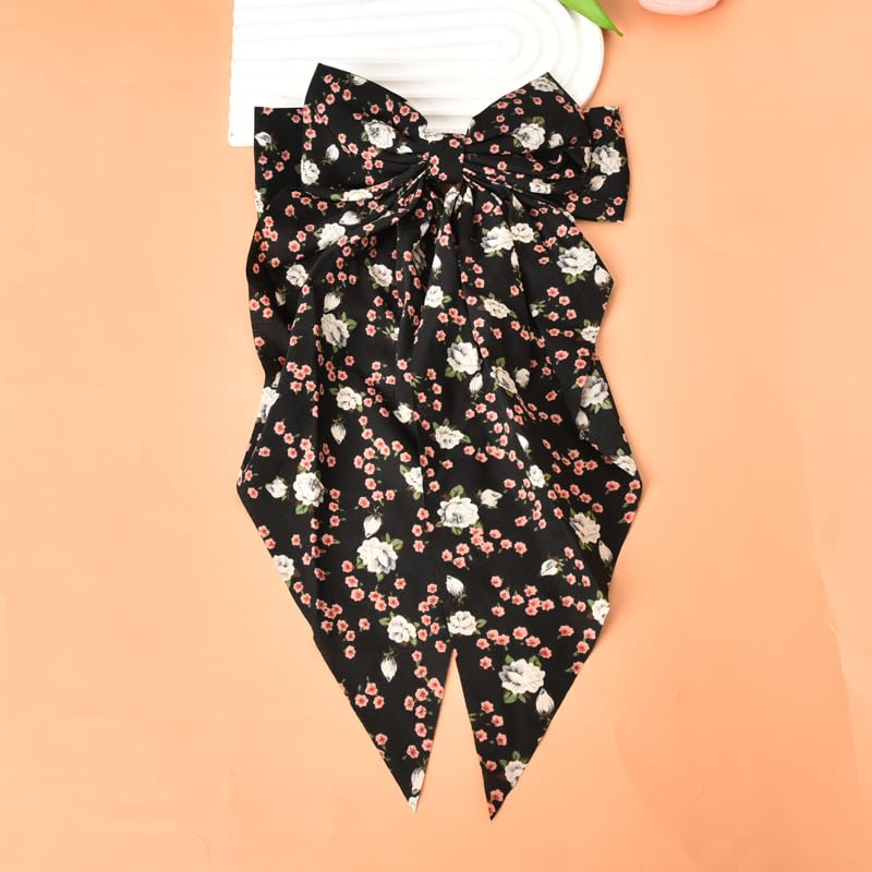 Miniatura 4 de Pinzas de lazo grandes para mujeres y niñas con cinta de cola larga, lazo floral negro, pasadores franceses, pinzas de lazo de satén sedoso para el