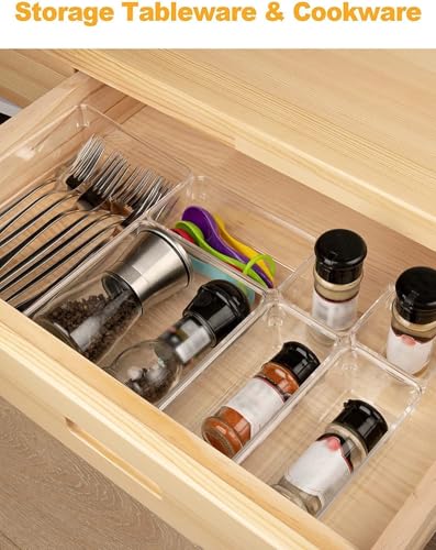 Image of Clear Plastic Drawer Organizers Set, 4-Size Versatile Bathroom and Vanity Drawer Organizer Trays, Storage Bins for Makeup, Bedroom, Kitchen Gadgets Utensils and Office (7 PC NEW SET)