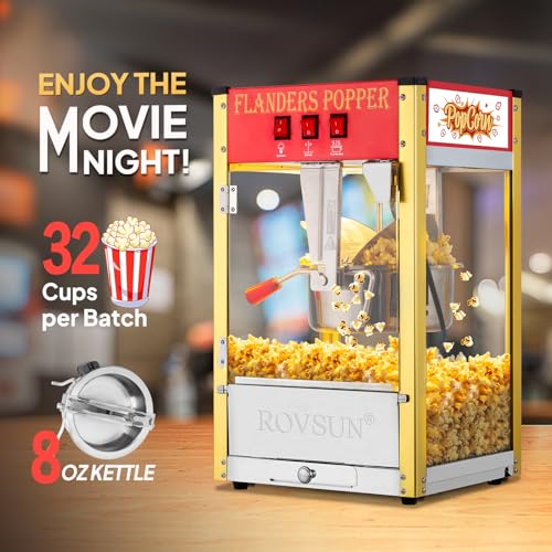 Image of ROVSUN Popcorn Machine with 8 Ounce Kettle Makes Up to 32 Cups, Commercial Popcorn Machine Countertop Popcorn Maker w /Stainless Steel Scoop, Oil Spoon & 3 Popcorn Cups for Home Movie Theater, ETL, Red