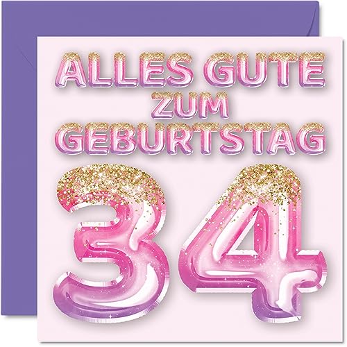 Stuff4 Tarjeta de cumpleaños 34 para mujer, globos con purpurina rosa y morada, tarjetas de felicitación de cumpleaños para 34 años, esposa, hija, hermana, tía, 145 mm, treinta y cuatro cumpleaños