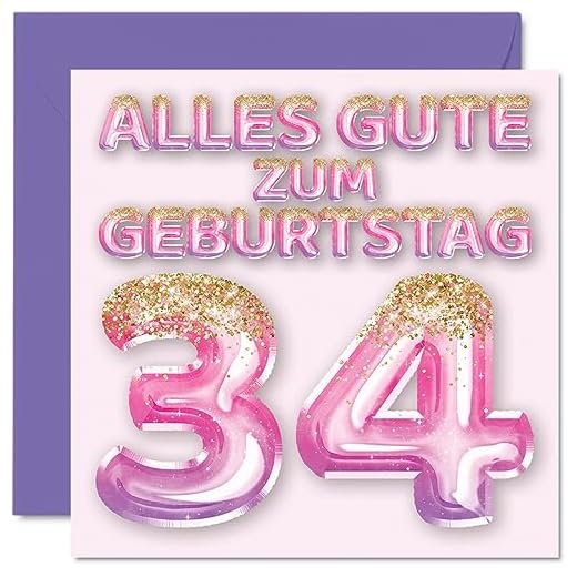 Stuff4 Tarjeta de cumpleaños 34 para mujer, globos con purpurina rosa y morada, tarjetas de felicitación de cumpleaños para 34 años, esposa, hija, hermana, tía, 145 mm, treinta y cuatro cumpleaños