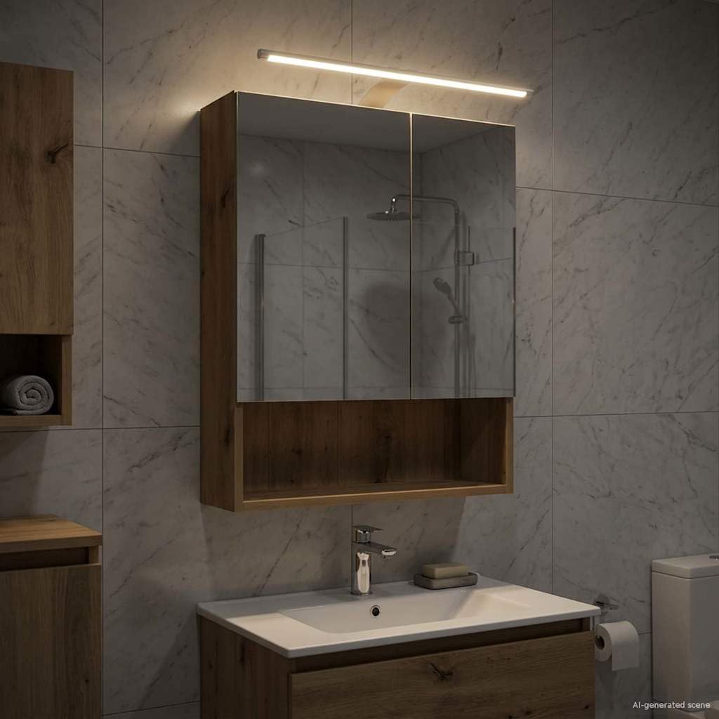 Szafka łazienkowa z lustrem, rzemiosło artystyczne, dąb, materiał drewnopochodny, 50 x 14,5 x 70 cm, z 2 półkami, paski LED, źródło zasilania USB, obustronne lustro montowane na ścianie, do
