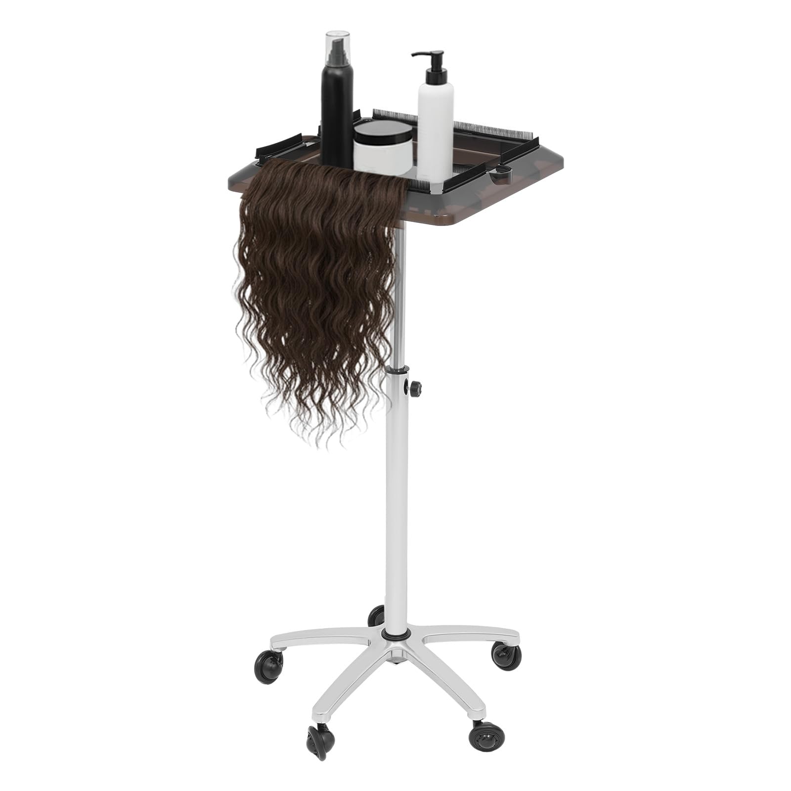Carrito de Peluquería con Ruedas Altura Ajustable 70-110cm Bandeja para Pelucas y Herramientas Carrito de Salón Rodante con 5 Ruedas Suaves Peluquería Soporte de Peluquería Desmontable