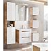 Produktbild Lomadox Badmöbel Komplett Set, Hochglanz weiß mit Wotaneiche, 60cm Keramik-Waschtisch, LED-Spiegelschrank, Hochschrank und 3 Hängeschränke