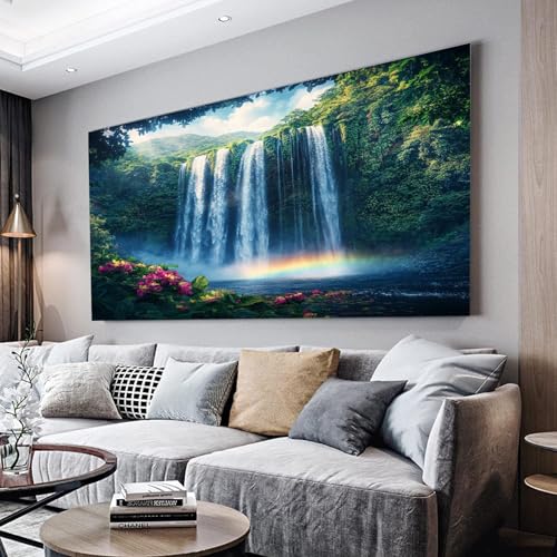 MKBKLI Cuadro sobre lienzo en cascada paisaje Hu, decoración de pared, sala de estar, moderna, imagen en lienzo, 80 x 160 cm, sin marco