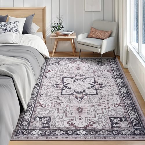 Lofus 3x5 Area Rugs for Living Room, Machine Washable Area Rug, Soft Small Rugs for Bedroom, Kitchen, Office and Indoor, Vintage Boho Carpet, Non-Slip Low Pile Carpets, Black and Pink