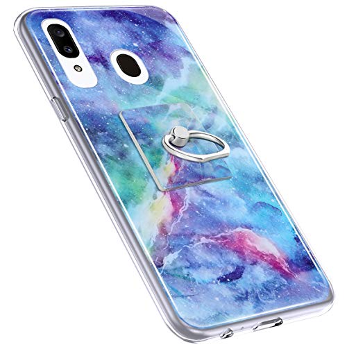 Urhause Cover Compatible with Samsung Galaxy A20 Case Sparkle Glitter Bling Marble Case TPU Silicone Ring Holder Cover 360 Degree Rotation Ring Holder Kickstand Shiny Bling Shockproof Cover Blue