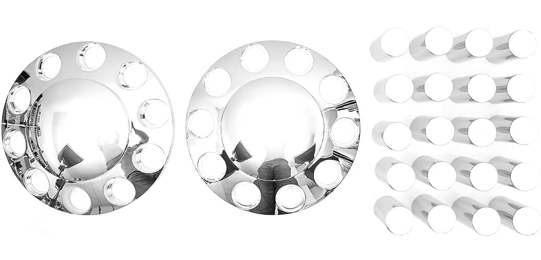 SEPEY 33mm Chrome Front Axle Cover Set For Semi Trucks - Includes 2 Axle Covers & 20 Thread-On Lug Nut Covers