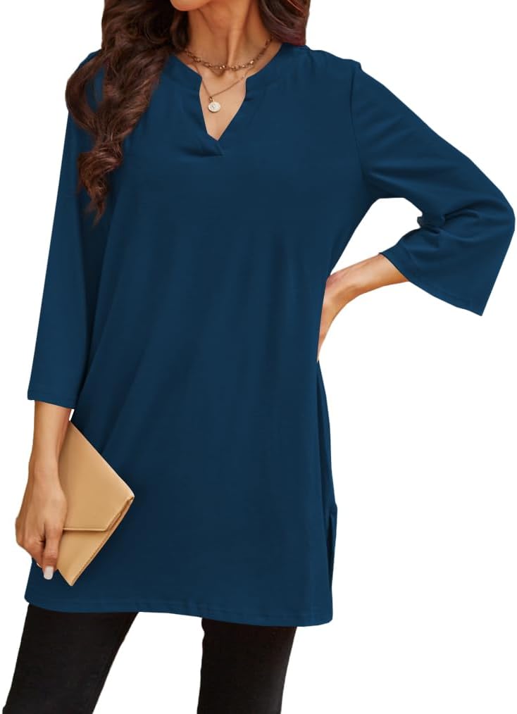 Poetsky Womens Tunic Tops 3/4 Bell Sleeve Loose Fit Tunics Dressy Casual Side Split Flare Top for Leggings S-3XL - Image 3