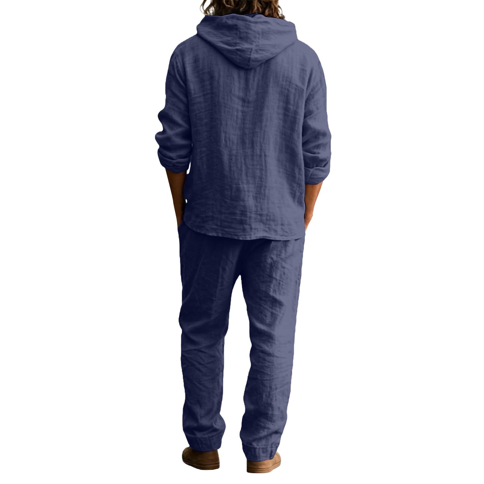 Ensemble Lin Homme 2 Pièces Été,T-Shirt À Capuche Et Pantalon Tenues D'Été Manches Longues Ensemble Jogging Homme Chemise Boutonnée Survêtement Ensembles Streetwear Loisirs Confortable