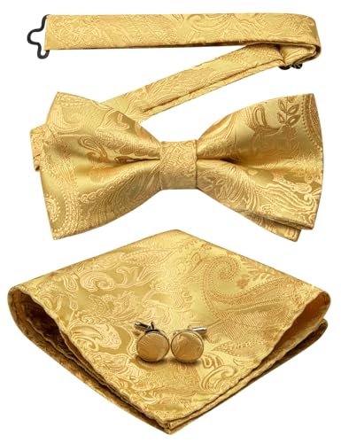 Image of YOHOWA Mens Bow Tie Set Paisley Pre-tied Bowties Adjustable with Handkerchief Cufflinks Gold Ring Set Wedding Prom Party