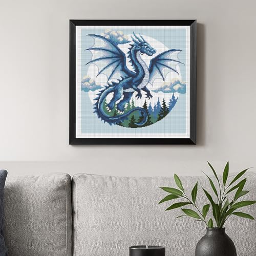 Image of FREEBLOSS 11CT Cross Stitch Kits for Beginner Dragon Stamped Cross Stitch Kit Landscape DIY Embroidery Wall Art Painting Kit with Instructions 17.7 inch x 17.7 inch