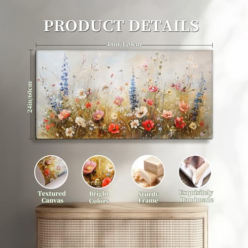 SERIMINO Spring Wildflower Wall Art, Nature Botanical Floral Large Artwork for Walls, Flower Market Canvas Art Prints, Modern Country Aesthetic Paintings Wall Decor Living Room Bedroom 24X48 Inch